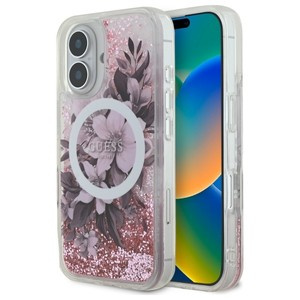 Etui Guess iPhone 16 6.1" różowy/pink hardcase Liquid Glitter Flower MagSafe