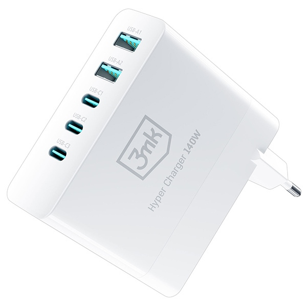 3MK HyperCharger 140W 3xUSB-C + 2xUSB ładowarka sieciowa GAN, PD+QC