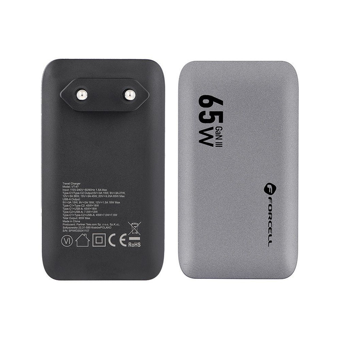 Ładowarka sieciowa do telefonu Forcell F-Energy Ultra Slim GaN III 2 x USB C + USB A QC4.0 PD 4A 65W VT-47 szara 0INT