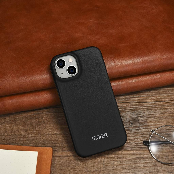 iCarer CE Premium Leather Folio Case skórzane etui iPhone 14 z klapką magnetyczne MagSafe czarny (WMI14220713-BK)