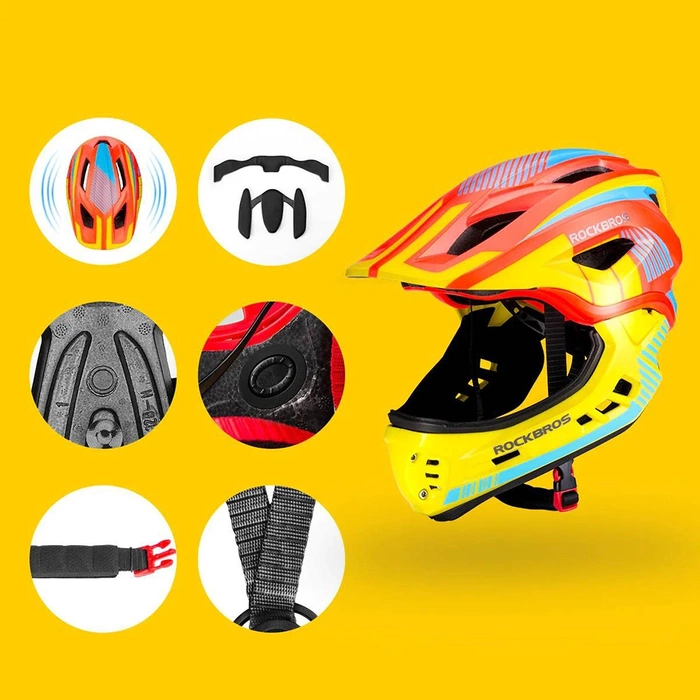 Kask rowerowy Rockbros TT-32SOYB-S dziecięcy z odpinaną szczęką rozmiar S - żółto-pomarańczowy