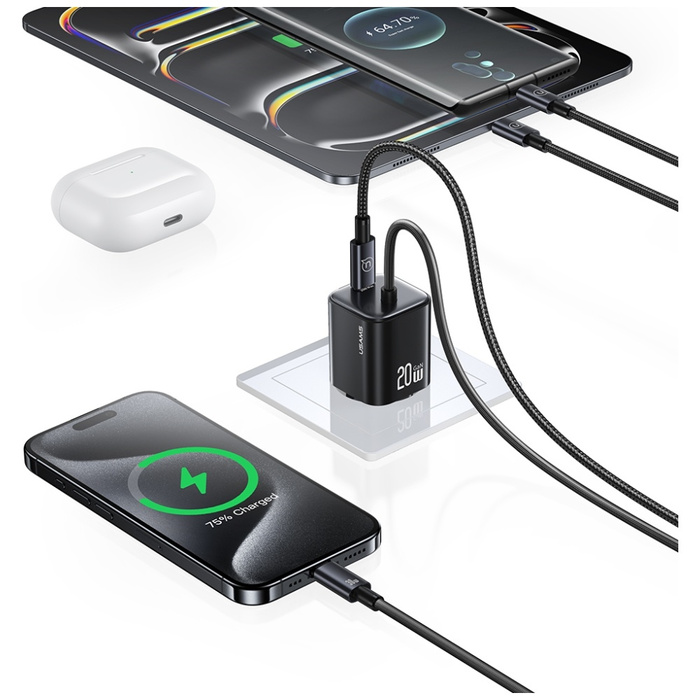 Ładowarka sieciowa USAMS JC Series CC261 20W GaN Mini Fast Charger 2xUSB-C czarny
