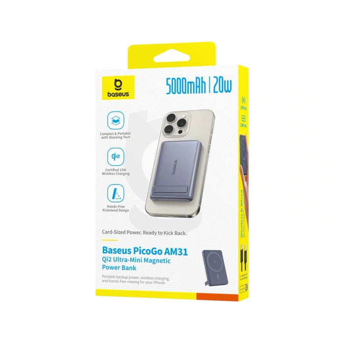 Powerbank Baseus PicoGo AM31 Qi2 5000mAh 20W ultracienki kompatybilny z MagSafe z podstawką z kablem plecionym Baseus Simple USB-C 20cm - szary