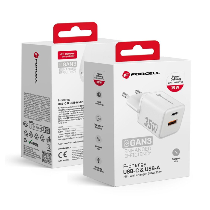 Ładowarka sieciowa do telefonu Forcell F-Energy Mini GaN III USB C + USB A QC4.0 PD 35W VT-35C biała 0INT