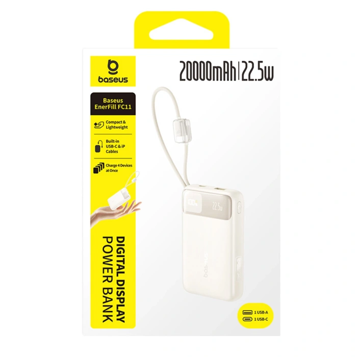 Powerbank Baseus EnerFill FC11 20000mAh 22.5W z wyświetlaczem cyfrowym i dwoma wbudowanymi kablami - beżowy