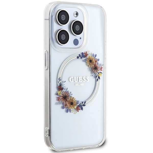 Etui Guess GUHMP15LHFWFCT iPhone 15 Pro 6.1" transparent hardcase IML Flowers Wreatch MagSafe Case