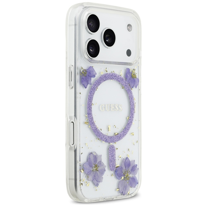 Etui Guess Resin Flowers Glitter MagSafe do iPhone 17 Pro fioletowy