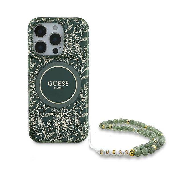 Etui Guess iPhone 16 Pro 6.3" zielony/green hardcase IML Flowers Allover Electro With Pearl Strap MagSafe