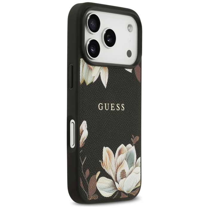 Etui Guess Grained Flowers Classic Logo  MagSafe do iPhone 17 Pro czarny