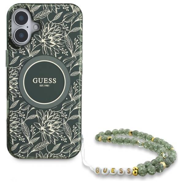 Etui Guess iPhone 16 Plus 6.7" zielony/green hardcase IML Flowers Allover Electro With Pearl Strap MagSafe
