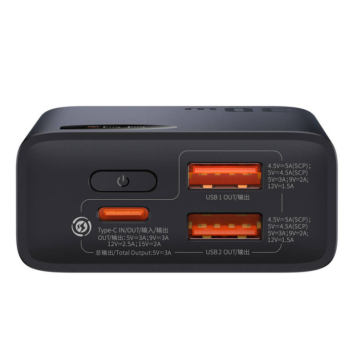 Baseus Adaman2 powerbank z wyświetlaczem cyfrowym 10000mAh 30W 2 x USB / 1x USB Typ C Overseas Edition PD QC SCP czarny (PPAD040101)