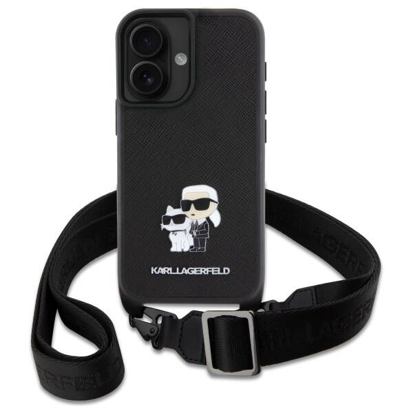 Etui Karl Lagerfeld iPhone 16 czarny/black hardcase Saffiano Karl&Choupette Metal Pin CBDY Strap