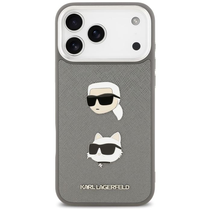 Etui Karl Lagerfeld FW Grained Karl &    Choupette Heads Pins & Logo do iPhone 17 Pro Max szary