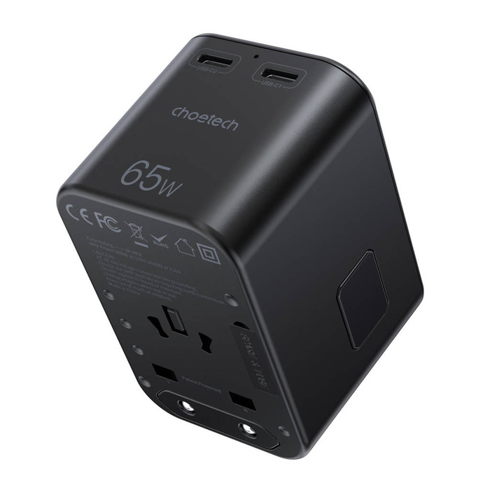 Choetech szybka uniwersalna ładowarka sieciowa podróżna GaN 2 x USB Typ C / USB 65W Power Delivery czarny (PD5009-BK)
