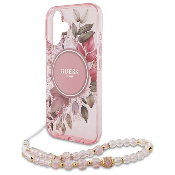 Etui Guess iPhone 16 6.1" różowy/pink hardcase IML Flowers With Pearl Strap MagSafe