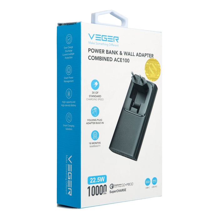 VEGER powerbank 10000 mAh PD QC3.0 20W ACE100 (W1146) czarny.