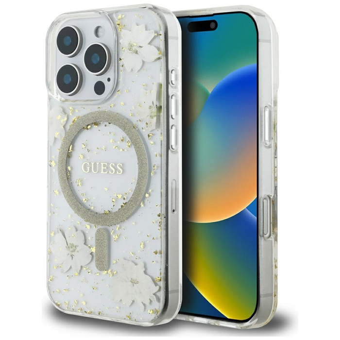 Etui Guess Resin Flowers Glitter MagSafe do iPhone 16 Pro Max beżowy
