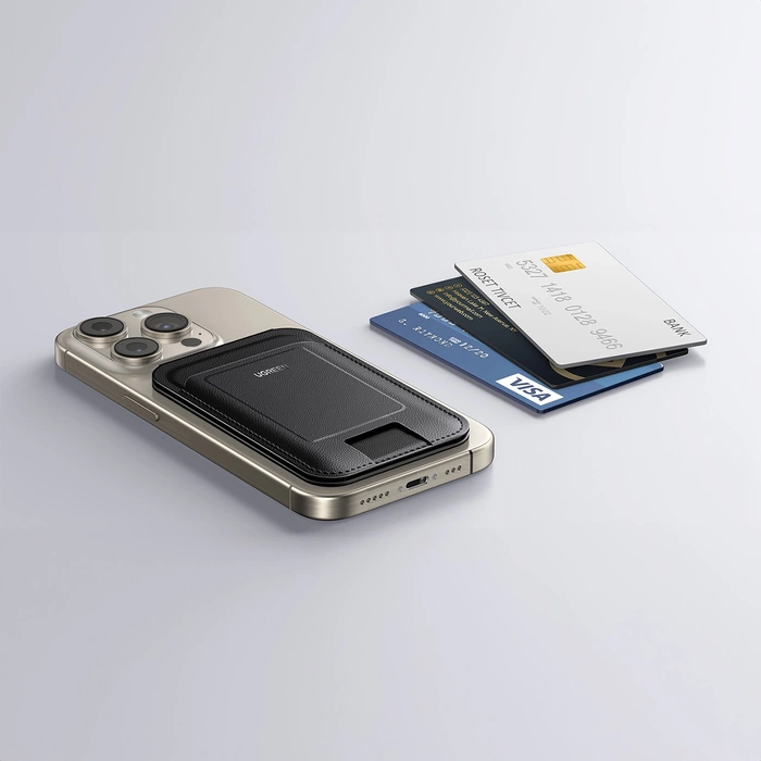 Portfel magnetyczny z funkcją podstawki do iPhone MagSafe, Ugreen LP836, skórzany (czarny)