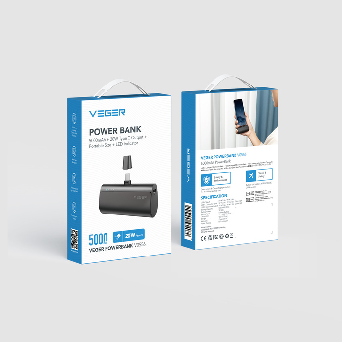 VEGER powerbank 5000 mAh z wbudowanym złączem Typ C PD QC3.0 3A 20W PlugOn (W0556/V0556) czarny