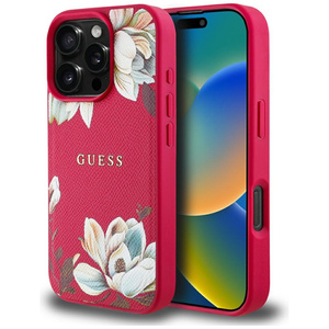 Etui Guess Grained Printed Flower         Pattern MagSafe do iPhone 16 Pro Max fuksja