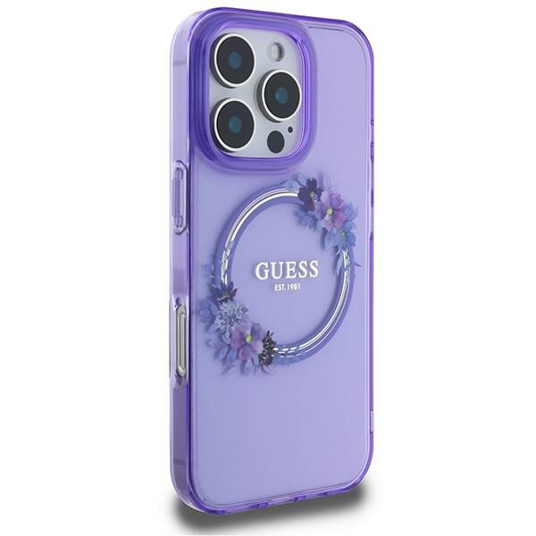 Etui Guess iPhone 16 Pro 6.3" purpurowy/purple hardcase IML Flowers Wreath MagSafe