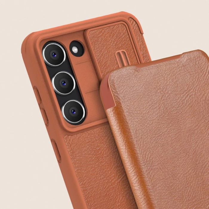 Nillkin Qin Leather Pro Case etui Samsung Galaxy S23 pokrowiec z klapką osłona na aparat brązowe