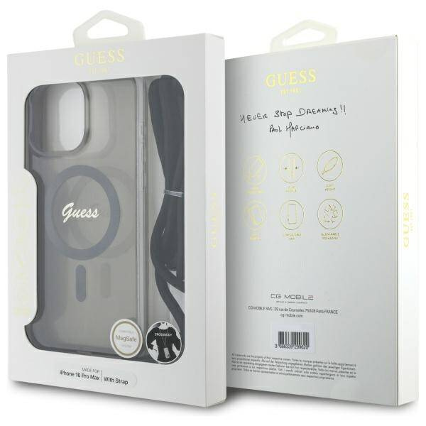 Etui Guess iPhone 16 Pro Max 6.9" czarny/black hardcase Crossbody Cord Script MagSafe