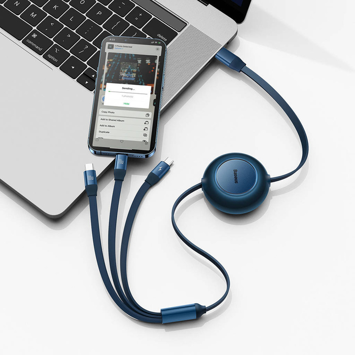 Baseus Bright Mirror 2 zwijany kabel przewód 3w1 USB Typ C - micro USB + Lightning + USB Typ C 3.5A 1.1m niebieski (CAMJ010203)