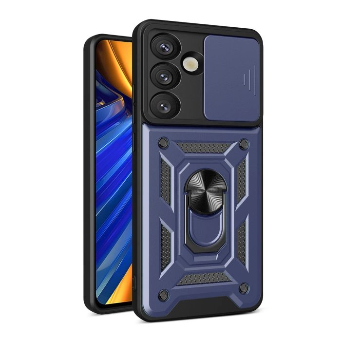 Pancerne etui Hybrid Armor Camshield z podstawką i osłoną aparatu na Samsung Galaxy S25 Edge - niebieskie