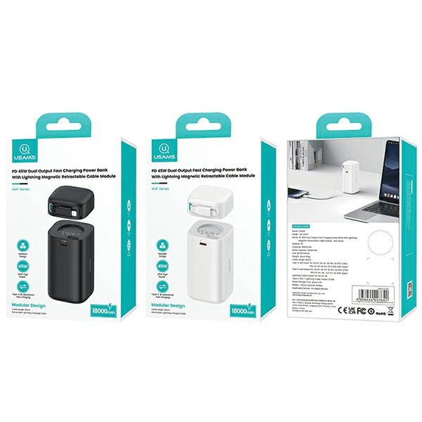 USAMS Powerbank ze zwijanym kablem Lightning 18000 mAh PD45W Fast Charge XMF Series czarny/black 20KCD21701 (US-CD217)