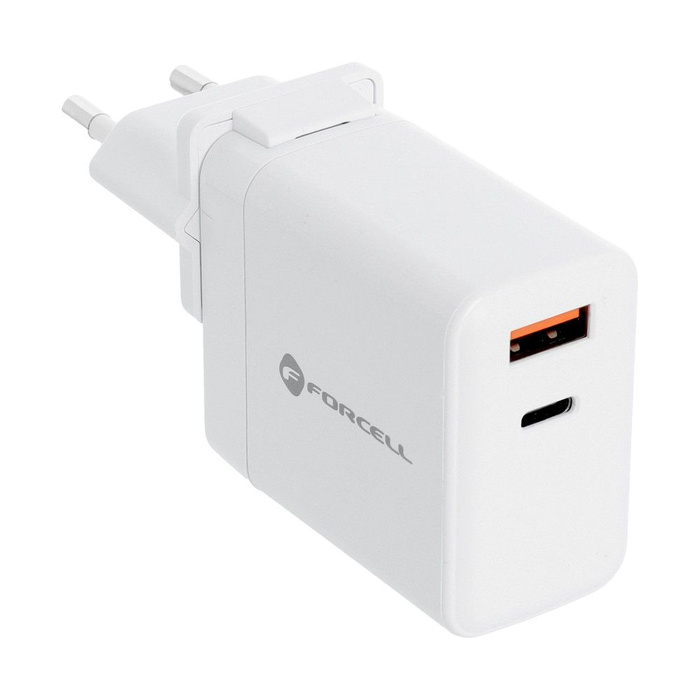 Ładowarka sieciowa do telefonu Forcell F-Energy 3w1 USB C + USB A QC4.0 PD 3A 45W z trzema wymiennymi wtyczkami (EU / UK / US) TFK-TC-45WPDAC biała