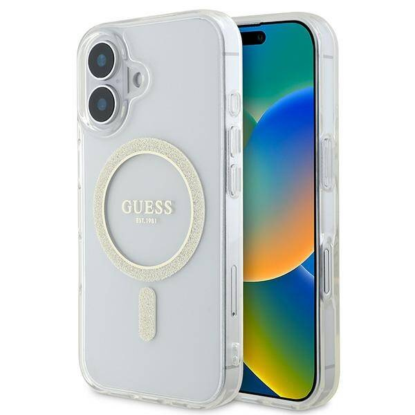 Etui Guess iPhone 16 6.1" przeźroczysty/transparent hardcase IML Glitter Circle MagSafe