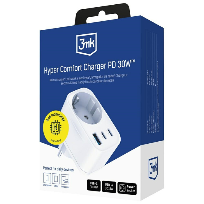 Adapter sieciowy 3MK Hyper Comfort       Charger 30W 1xUSB-A 2xUSB-C 1xSchuko PD QC3.0 biały