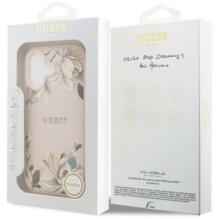 Etui Guess Grained Flowers Classic Logo  MagSafe do iPhone 17 różowy