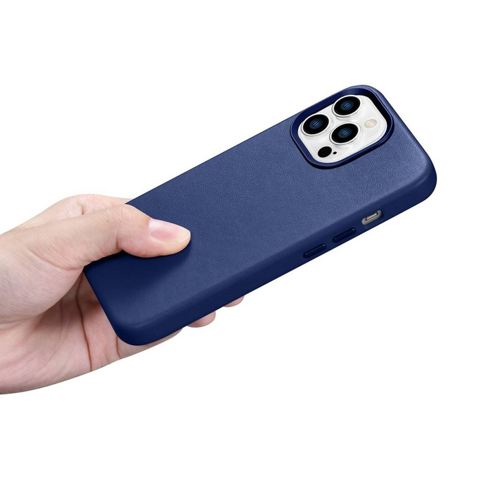 iCarer Case Leather pokrowiec etui z naturalnej skóry do iPhone 14 Pro niebieski (WMI14220706-BU) (kompatybilne z MagSafe)