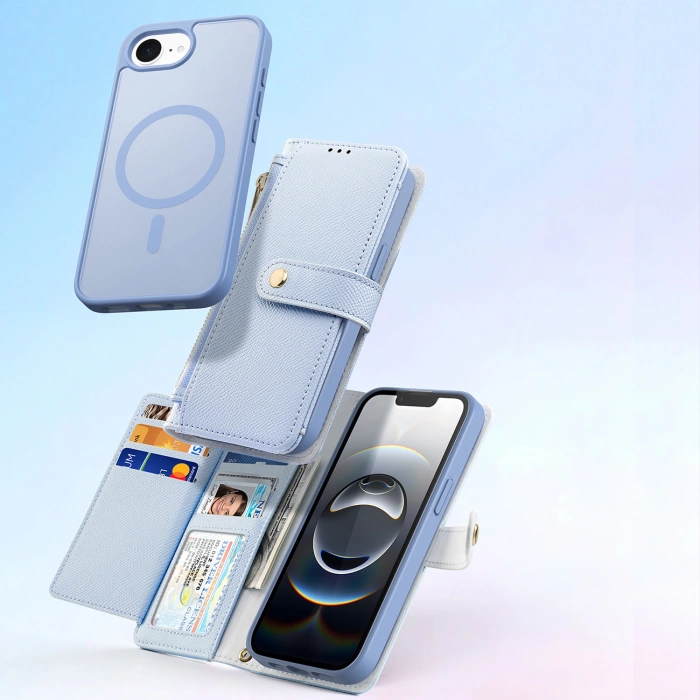Etui skórzane Dux Ducis Lawa na iPhone 16e z odłączanym portfelem magnetycznym - błękitne