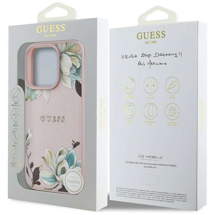 Etui Guess Grained Printed Flower         Pattern MagSafe do iPhone 16 Pro Max różowy