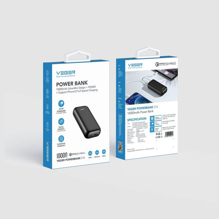 VEGER powerbank 10000 mAh PD QC3.0 3A 20W S10 (W1135) czarny