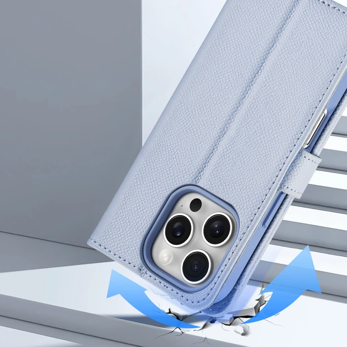 Etui skórzane Dux Ducis Lawa na iPhone 16 Pro Max z odłączanym portfelem magnetycznym - błękitne