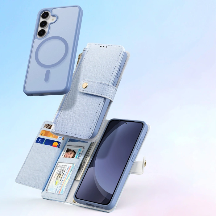 Etui skórzane Dux Ducis Lawa na Samsung Galaxy S25 z odłączanym portfelem magnetycznym - niebieskie