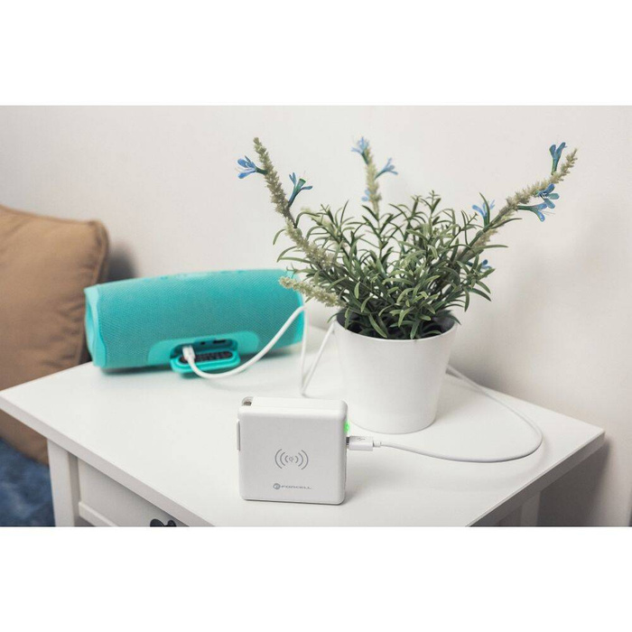 Wielofunkcyjna ładowarka Forcell F-Energy 4w1 2 x USB A + USB C 15W + power bank 8000mAh + ładowanie bezprzewodowe biała