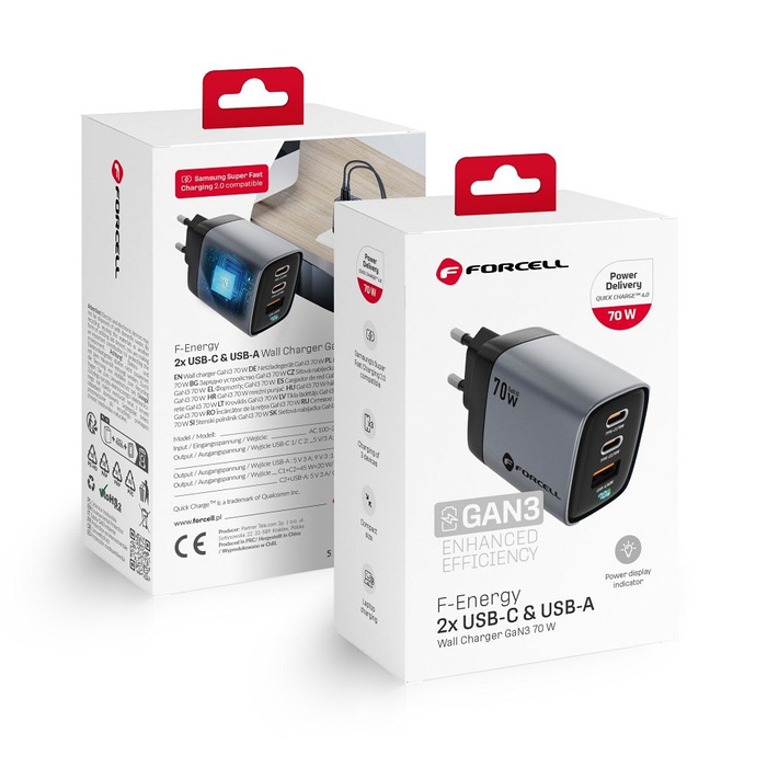 Ładowarka sieciowa do telefonu Forcell F-Energy GaN III 2 x USB C + USB A QC4.0 3,45A PD 70W SAM SFC2.0 z wyświetlaczem LCD VT-37 szara