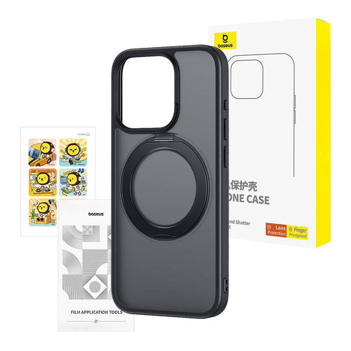 Etui iPhone 15 Pro Baseus SkyRing Magnetic ze stojakiem + szkło hartowane i zestaw czyszczący (czarny)