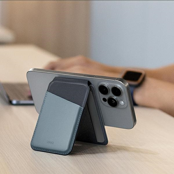 Portfel UNIQ Lyden DS magnetyczny RFID ze stojakiem na telefon - żółto-szary