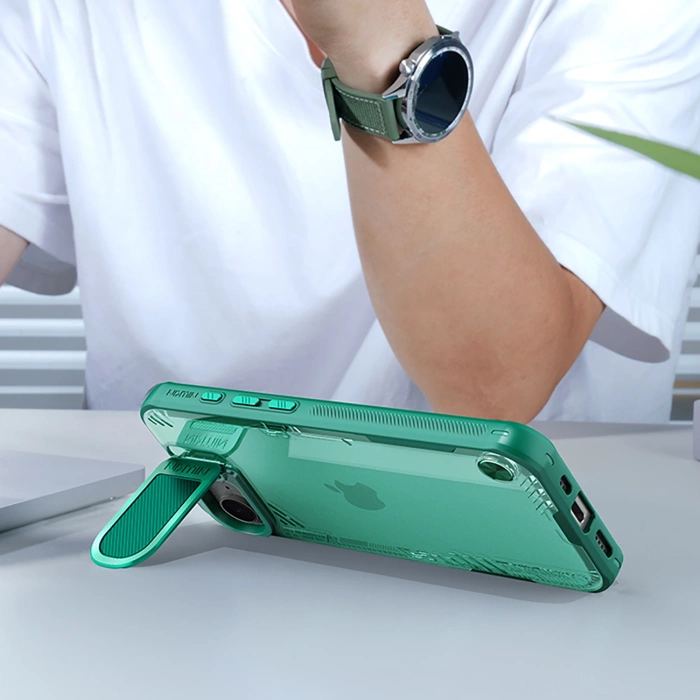 Etui Nillkin iPhone 16e Iceblade Prop z osłoną obiektywu i podstawką Zielone