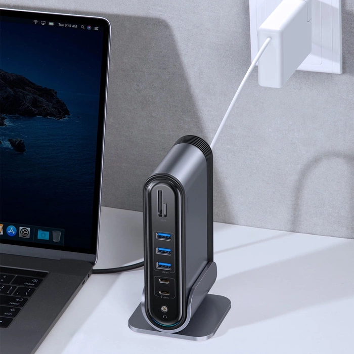 [PO ZWROCIE] HUB Baseus CAHUB-DG0G 3x USB 3.2 Gen 1 / 2x USB-A / 2x USB-C / czytnik kart SD, micro SD / AUX / 3x HDMI / RJ45 PD 100W (wtyczki EU / CN / UK) - szary