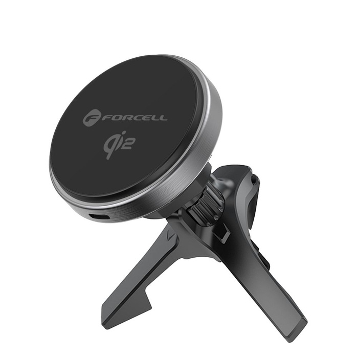 Uchwyt na telefon do samochodu magnetyczny zgodny z MagSafe Forcell F-Grip Rapid Charge Qi2 15W do szyby / deski / kratki szary