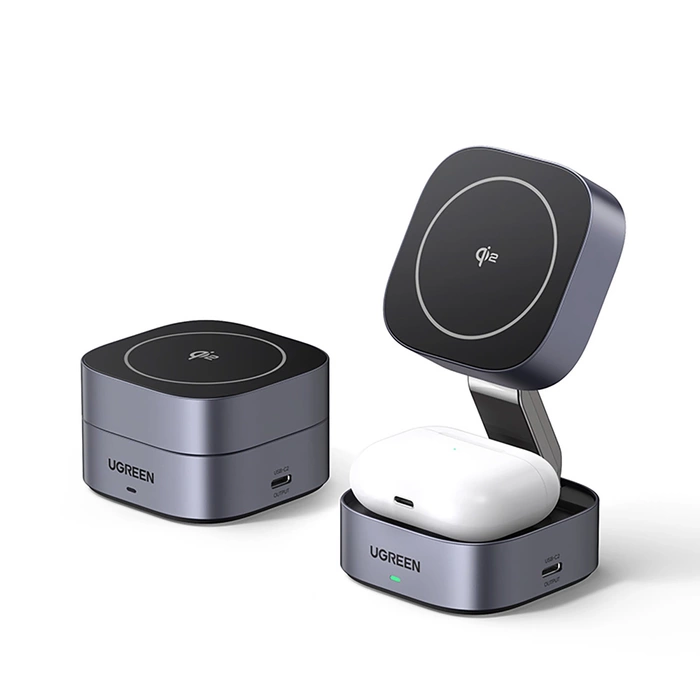 Ładowarka indukcyjna Qi 2w1 Ugreen W702 do Iphone, AirPods, 15W (szara)