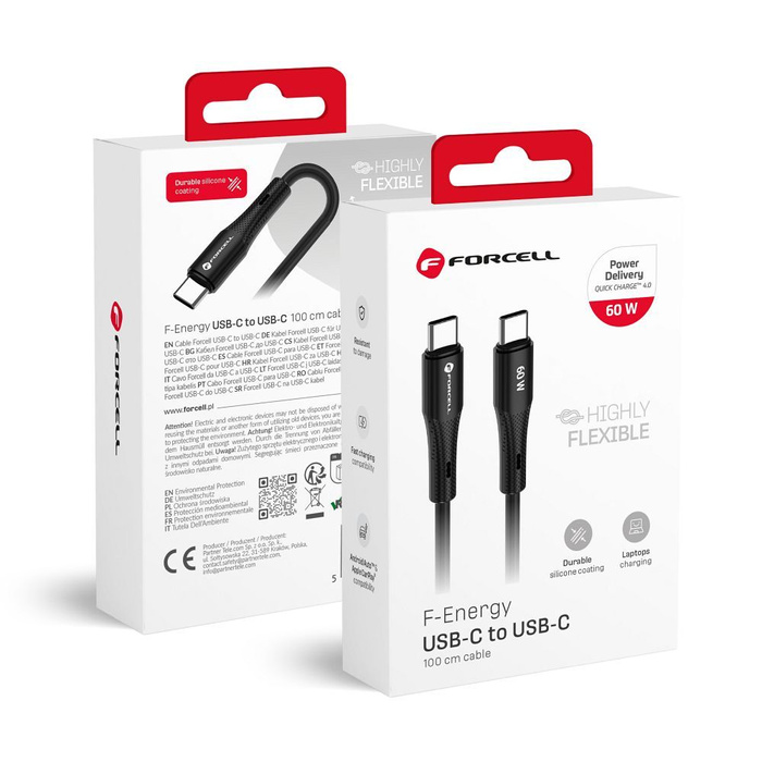 Kabel USB C do USB C Forcell F-Energy QC4.0 PD 3A 60W Silicone 1 m C344 czarny