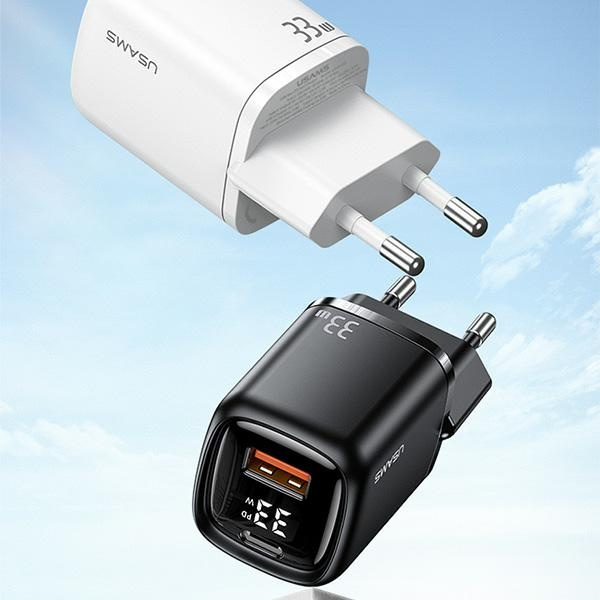USAMS Ład. siec. 1xUSB-C+1xUSB T46 33W PD3.0 +QC3.0 Fast Charging +kabel U63 USB-C/Lightning biały/white